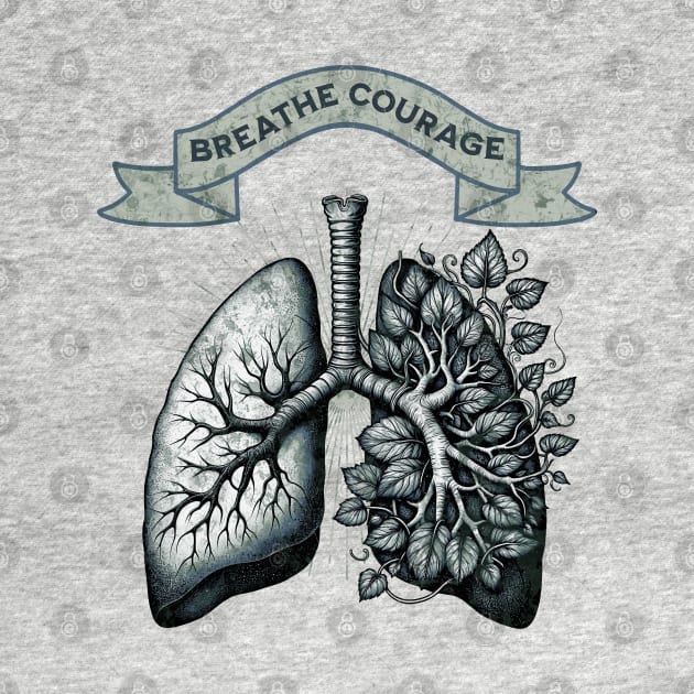 Breathe Courage, blue and green lungs with climbing plant and branches, cancer awareness, bloom floral, anatomy, watercolor by Collagedream